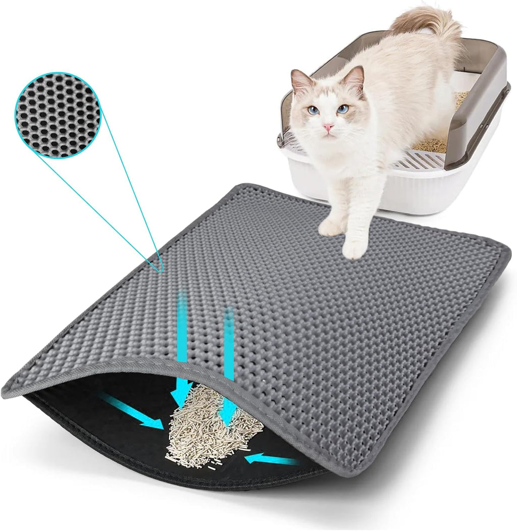 Cat Litter Mat 35"x24", Double Layer Waterproof Litterbox Mat, Gray | Non-slip backing, washable for easy cleanup, traps stray litter with waterproof honeycomb large grid that is urine-proof.