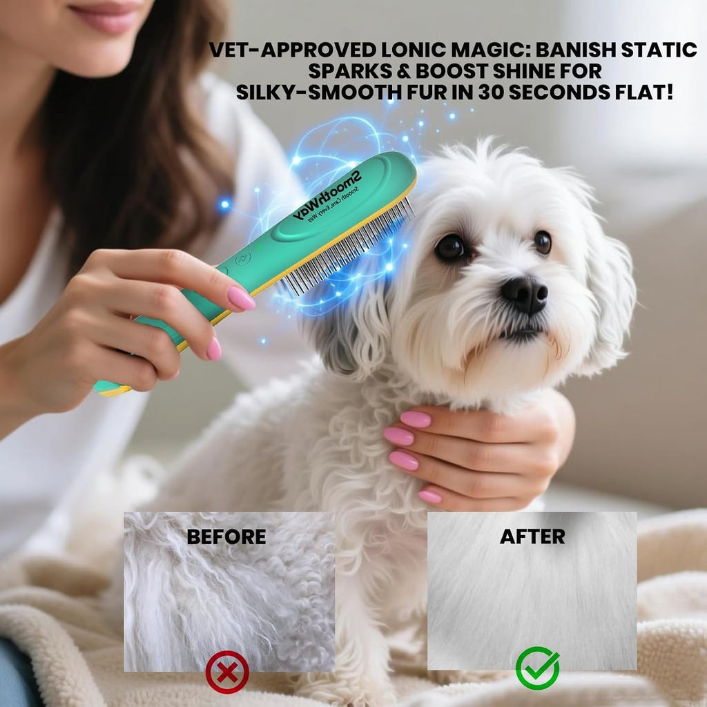 Professional Flea Comb for Long Haired Dogs & Cats - 3-Row Stainless Steel Dematting Tool with Negative Ions | Detangling Comb for Poodles Includes Cleaning Brush