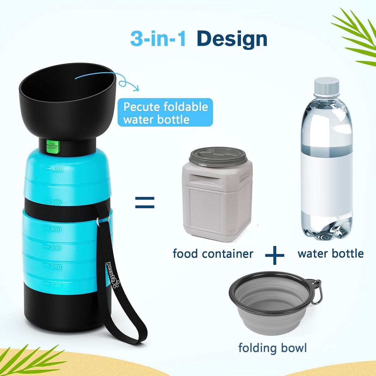 Pecute Upgraded 22 oz Dog Water Bottle with 5 oz Food Container, Portable Dog Travel Water Bottle Dispenser, Leakproof, BPA Free, Lightweight, Pet Water Bottle Bowl for Outdoor Walking Hiking Camping | Portable, Leakproof, BPA Free, Foldable bowl, Ligh...