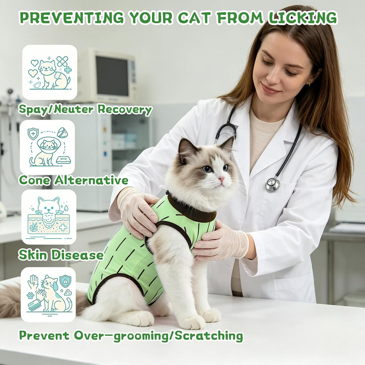 Cat Recovery Suit Female, Kittens Onesie for Cats After Surgery, Green, S