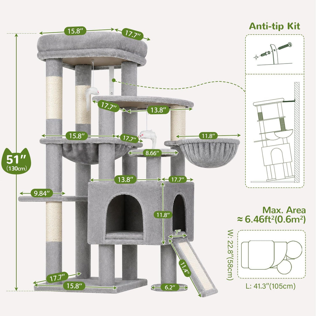 Globlazer S51 Sturdy Cat Tree Tower with Scratching Posts, Light Grey