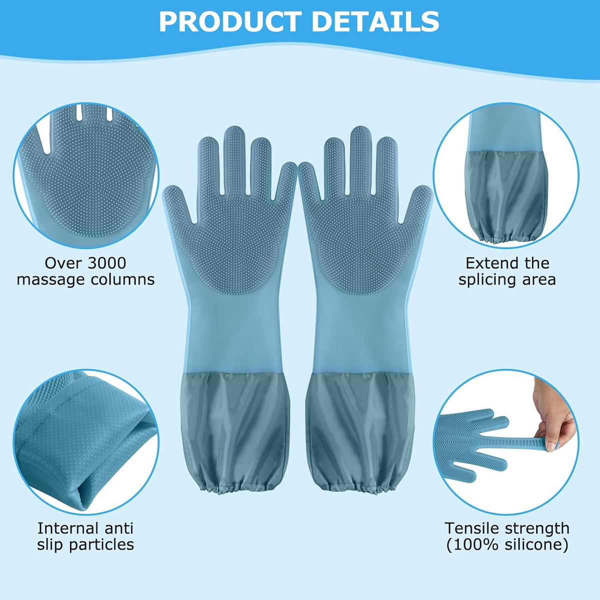 Dog washing gloves | Pet grooming gloves | Extra Long Arms 17.3in,hazy blue