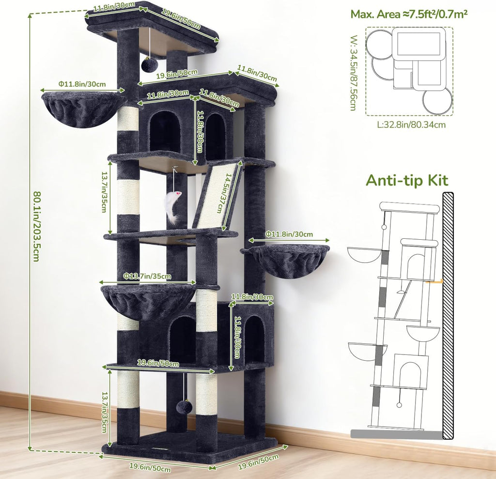 Globlazer 80in XXL Extra Large Corner Cat Tree Tower, S80G, Dark Grey