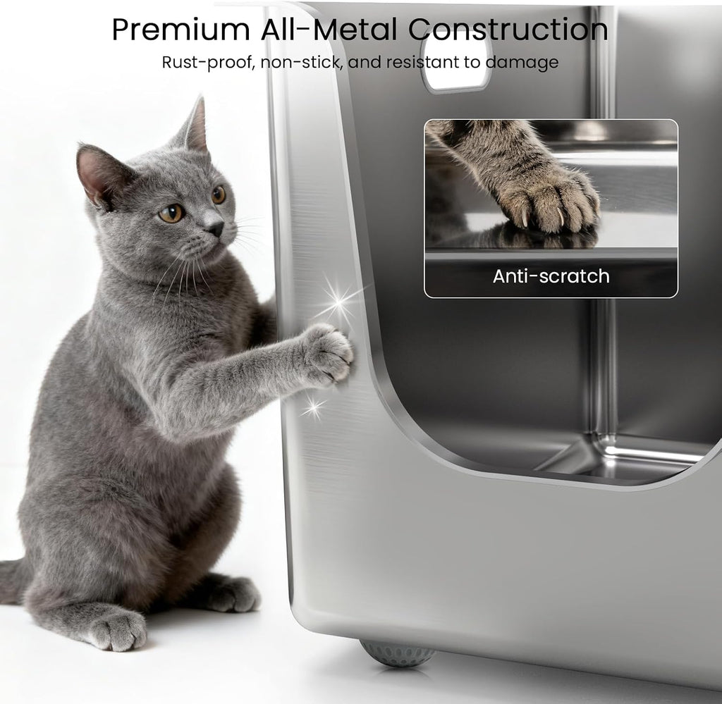 Stainless Steel Litter Box 13.7'' High Sides, XL Metal Cat Litter Box with Curved Low Entry, Cat Litter Pan for Big & Multiple Cats, Pet Toliet with Handy Wheels for Easy Moving