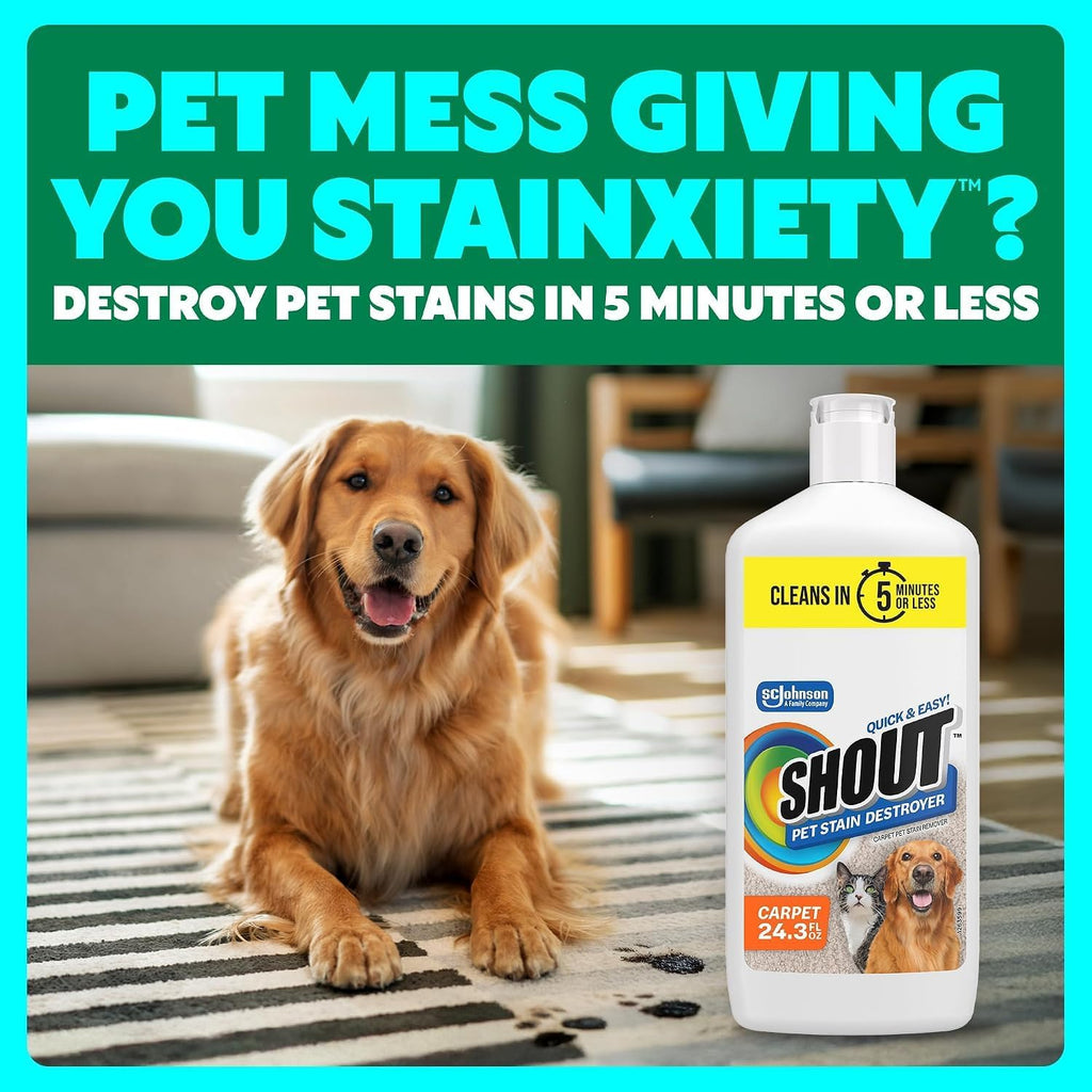 Shout Pet Stain Remover, Color-Safe Rug, Upholstery & Carpet Cleaner Solution for Dog & Cat Urine, Feces, Vomit & Mud, Fights Odors & Remarking, Fast-Acting Cleans in 5 Minutes or Less, 24.3oz