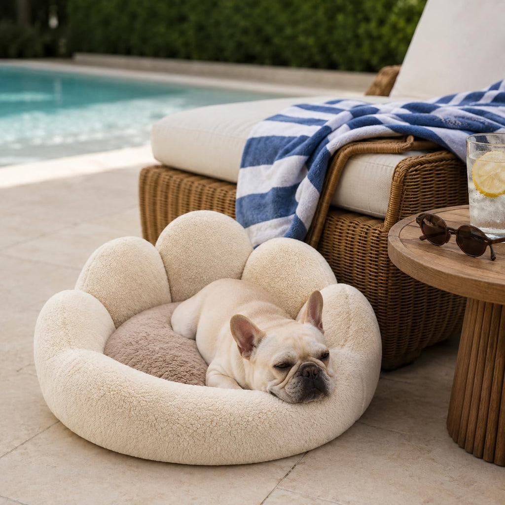 Small Dog Bed, Flower-Shaped Calming Cat Bed, 27 in, Beige