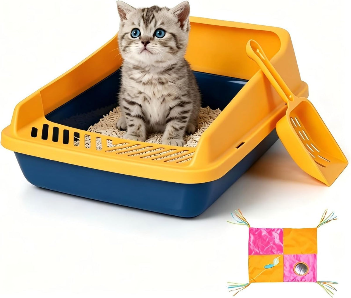 PAWISE Kitten Litter Box, 14.3"x10.8"x6.3" Small Cat Litter Pan,Open Top Travel Litter Box with Scoop, Low Entry and Play Mat, Anti-Splash Cover(Blue+Yellow)
