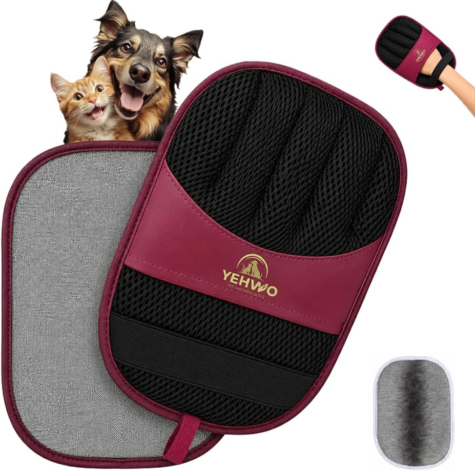 Pet Hair Remover Glove for Dogs & Cats - Reusable Double-Sided Electrostatic Grooming Mitt for Couch, Car Seats, Furniture, & Clothing - Washable Fur & Lint Removal Tool (1 Pack) Burgundy