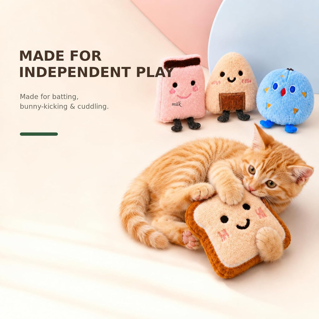 Catnip Toys for Cats, Cat Toys for Indoor Cats, 4 Pack Interactive Plush Food-Shaped Kicker Set with Jingle Bells for Kittens, Batting and Bunny Kick Play, Toast, Milk Carton, Rice Ball and Cookie