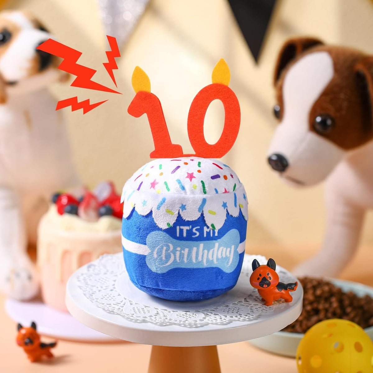 Dansydaisy Dog Birthday Cake Toy Squeaky Plush Gift,10th,Blue | Interactive Squeaky Gift for Dogs, Dog Birthday Decor , Soft Chew for Small Medium Large Pets, Cake Design with Candle