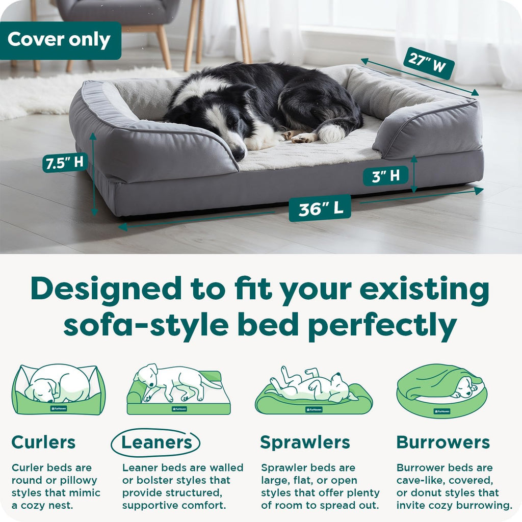 FurHaven Dog Bed Cover Replacement, Sofa-Style Design with Soft, Breathable Fabric for Cozy Comfort, Machine Washable, Large, Plush & Velvet, Granite Gray