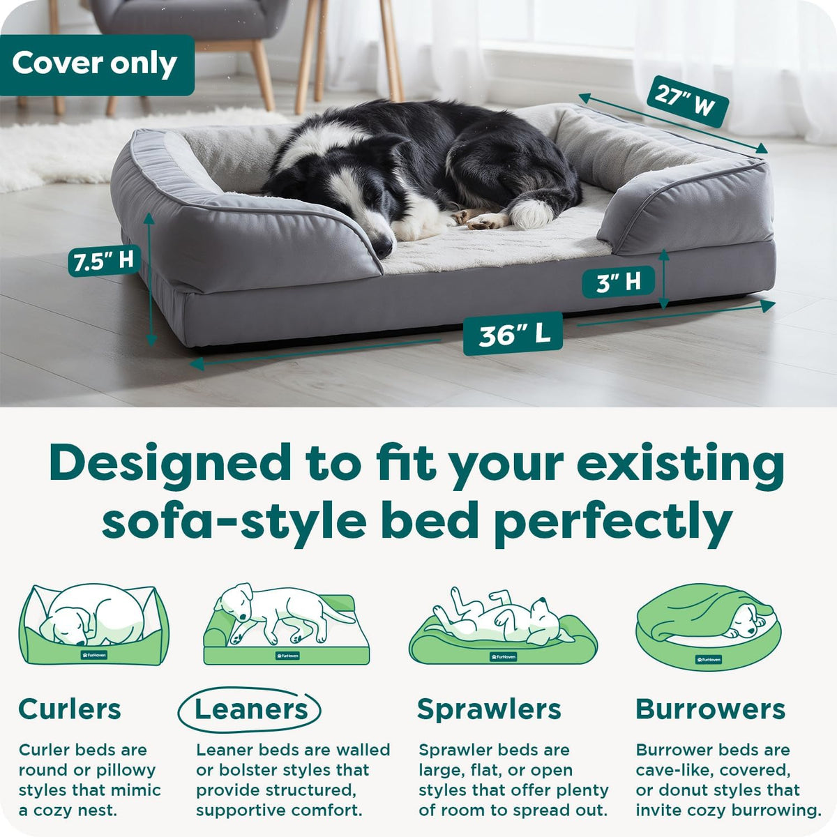 FurHaven Dog Bed Cover Replacement, Sofa-Style Design with Soft, Breathable Fabric for Cozy Comfort, Machine Washable, Large, Plush & Velvet, Granite Gray