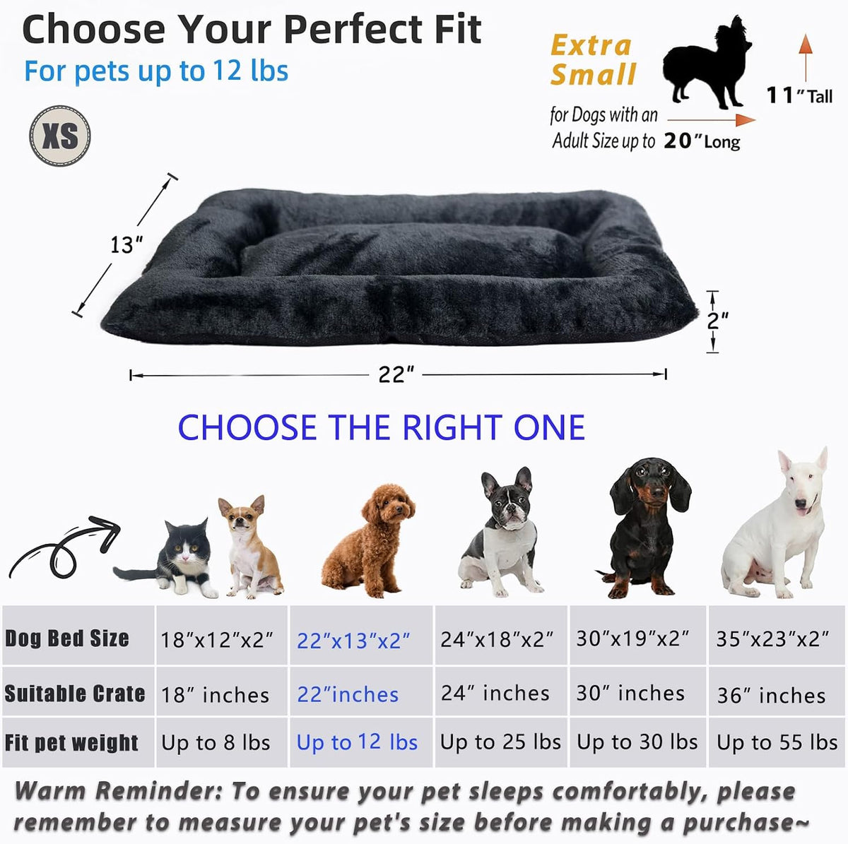 Pet Bed for Crate 22 x 13 inch Fit Dogs or Cats Washable&Anti-Slip,Ultra Soft XS Dog Beds Kennel Pad for Cage Soft Flat Puppy Kitten Cushion Sleeping Mat,Black