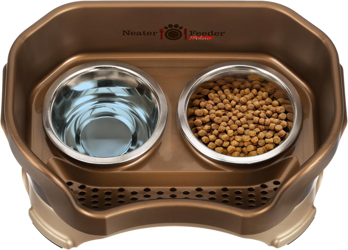 Neater Pet Brands Neater Feeder Deluxe Mess Proof Cat Bowls Elevated, Made in USA, No Spill Raised Bowls for Indoor Cats, Stainless Steel Food and Water Bowl Set, Pet Dish Feeding Station, Bronze 
