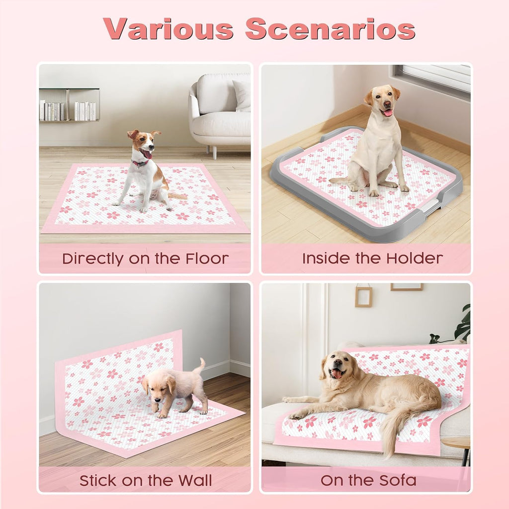 MIZOK Pink Puppy Pads with Adhesive Tabs Disposable Pee Pads 28x34in 30Ct | Heavy Duty Floor Protection Super Absorbent Large Pet Training Pads Use Sticky Bottom Strips to Keep Indoor Areas Mess Free