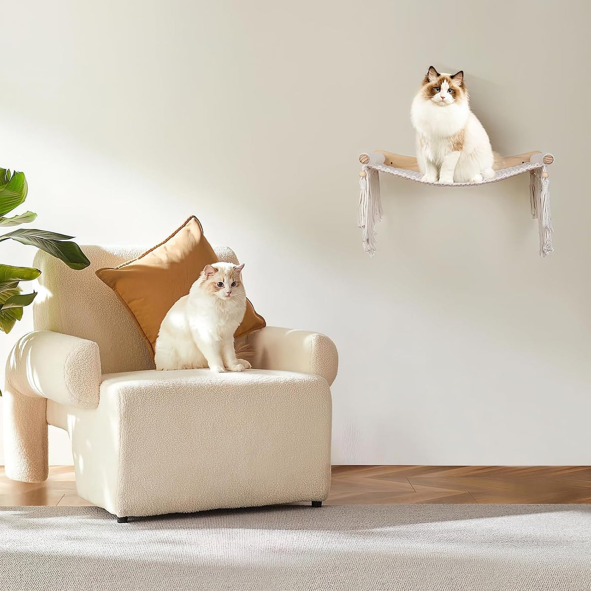 Macrame Cat Wall Shelves & Hammock - Comfy Cat Beds with Window Perch for Indoor Cats, Sleeping & Climbing, Cotton Rope, Natural Wood, Maximum Hold up to 30lb, Beige White