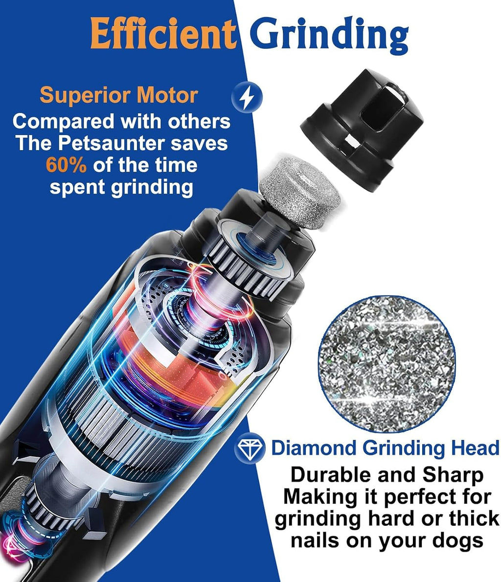Petsaunter Dog Nail Grinder, 2-Speed and LED Light, Touch-Switch, TypeC, Quiet and Low-Vibration Dog Nail Trimmers, and 3 Ports for Large Dogs, Medium, Small Dogs Cats Pets with Hard or Thick Nail