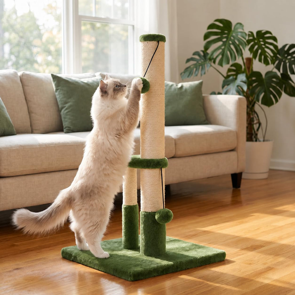 Dimaka Tall Cat Scratching Post, Double Lower Posts Extra Stable Cat Post Tree Scratcher with Sisal Rope and Teasing 4 Balls Total Large Base (Green)