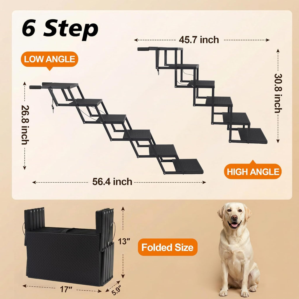 Dog Steps for Car, Truck, SUV, Dog Ramps for Cars with High Traction Surface, Portable Waterproof Dog Stairs for Large Dogs, Supports Up to 200 lbs, 6 Steps