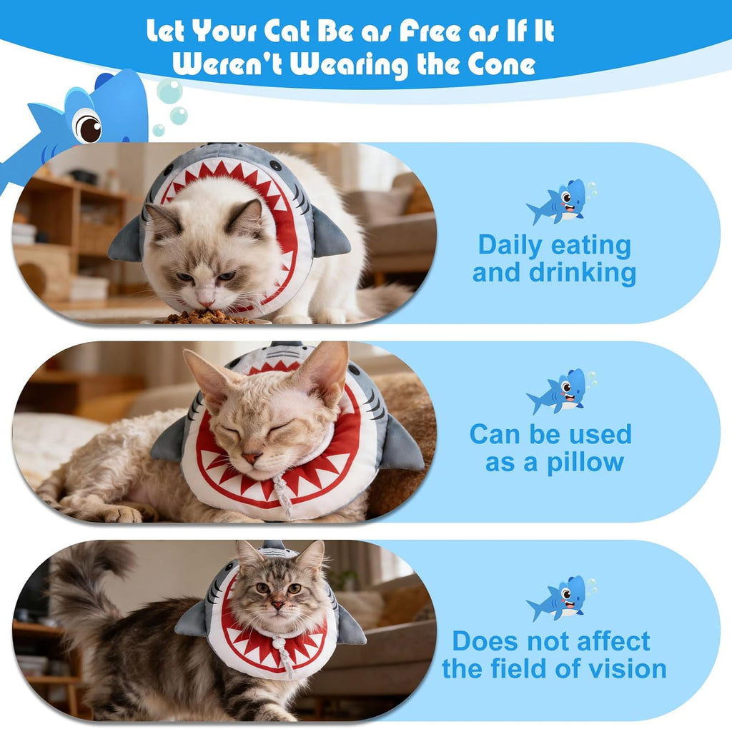 EXPAWLORER Cat Cone Collar Soft, Cat Recovery E Collar After Surgery to Stop Licking, Adjustable Waterproof Neck Elizabethan Pet Kitten Puppy Donut Pillow for Cats Wound Healing, Shark