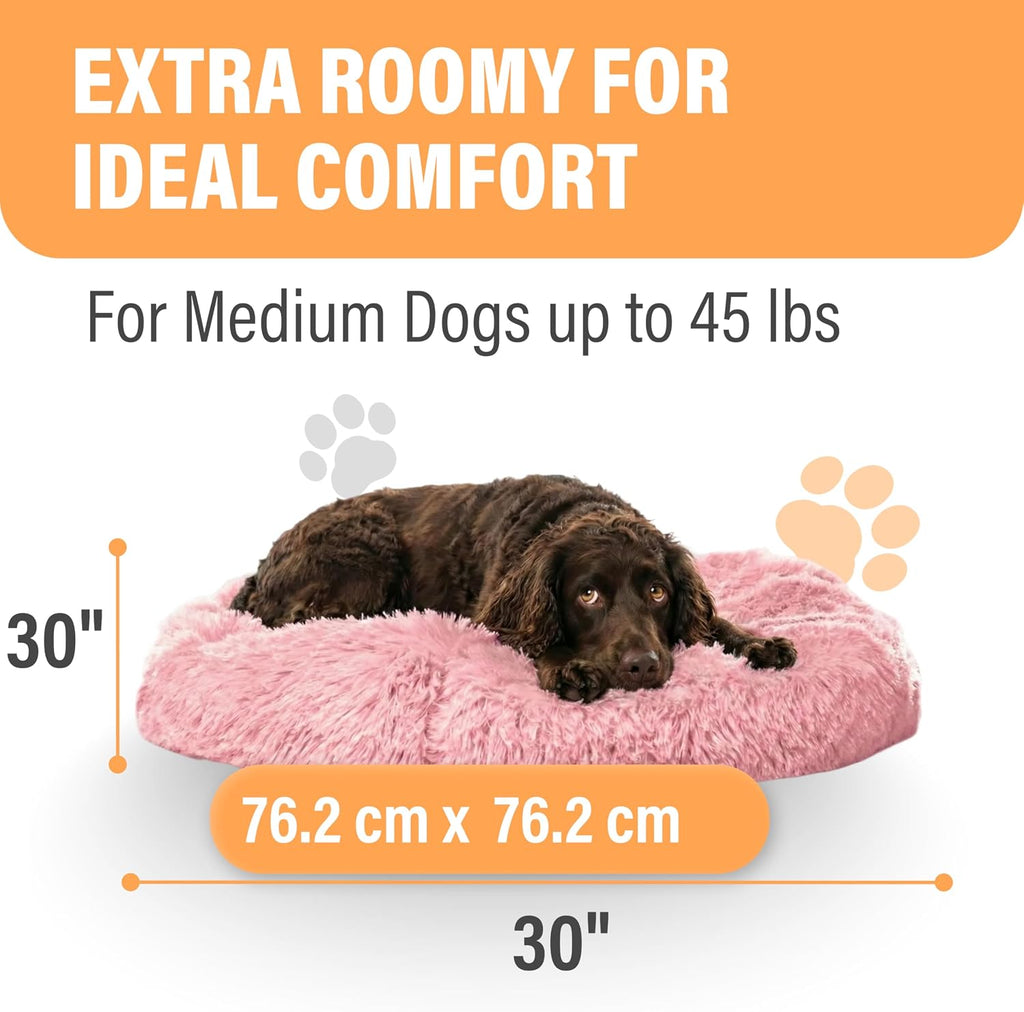 Active Pets Premium Medium Donut Dog Bed, Fits Up to 45 lbs, Machine Washable Cushion, Plush Long Pile Faux Fur Fabric, Portable Pink Pet Bed Furniture for Puppies Adult Canines & Cats