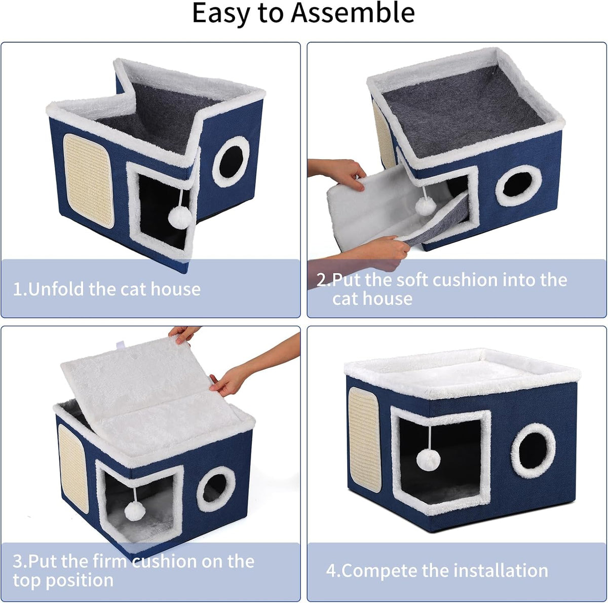 Shikha Cat House Bed for Indoor Cats with Fluffy Ball and Scratch Pad Blue