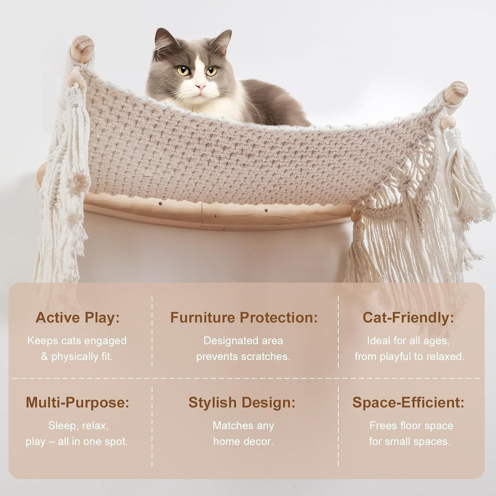 Macrame Cat Wall Shelves & Hammock - Comfy Cat Beds with Window Perch for Indoor Cats, Sleeping & Climbing, Cotton Rope, Natural Wood, Maximum Hold up to 30lb, Beige White