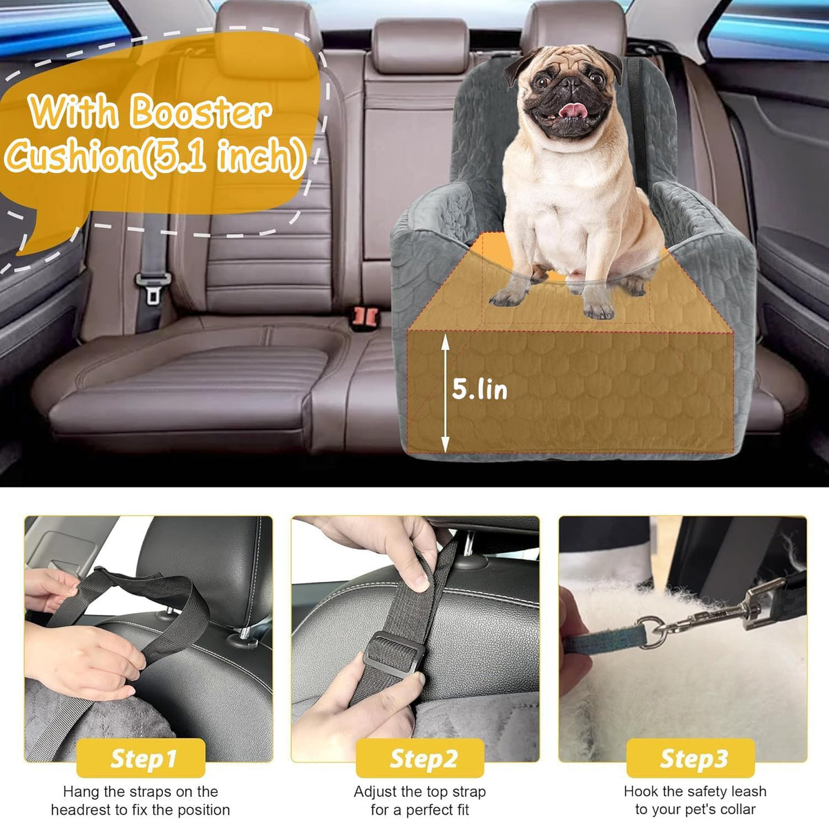 Dog Car Seat for Small/Medium Dogs, Memory Foam Dog Booster Seat, Travel Safety Per Car Seat with Washable Removable Cover, Storage Pockets for Dogs up to 35 lbs(Gray)