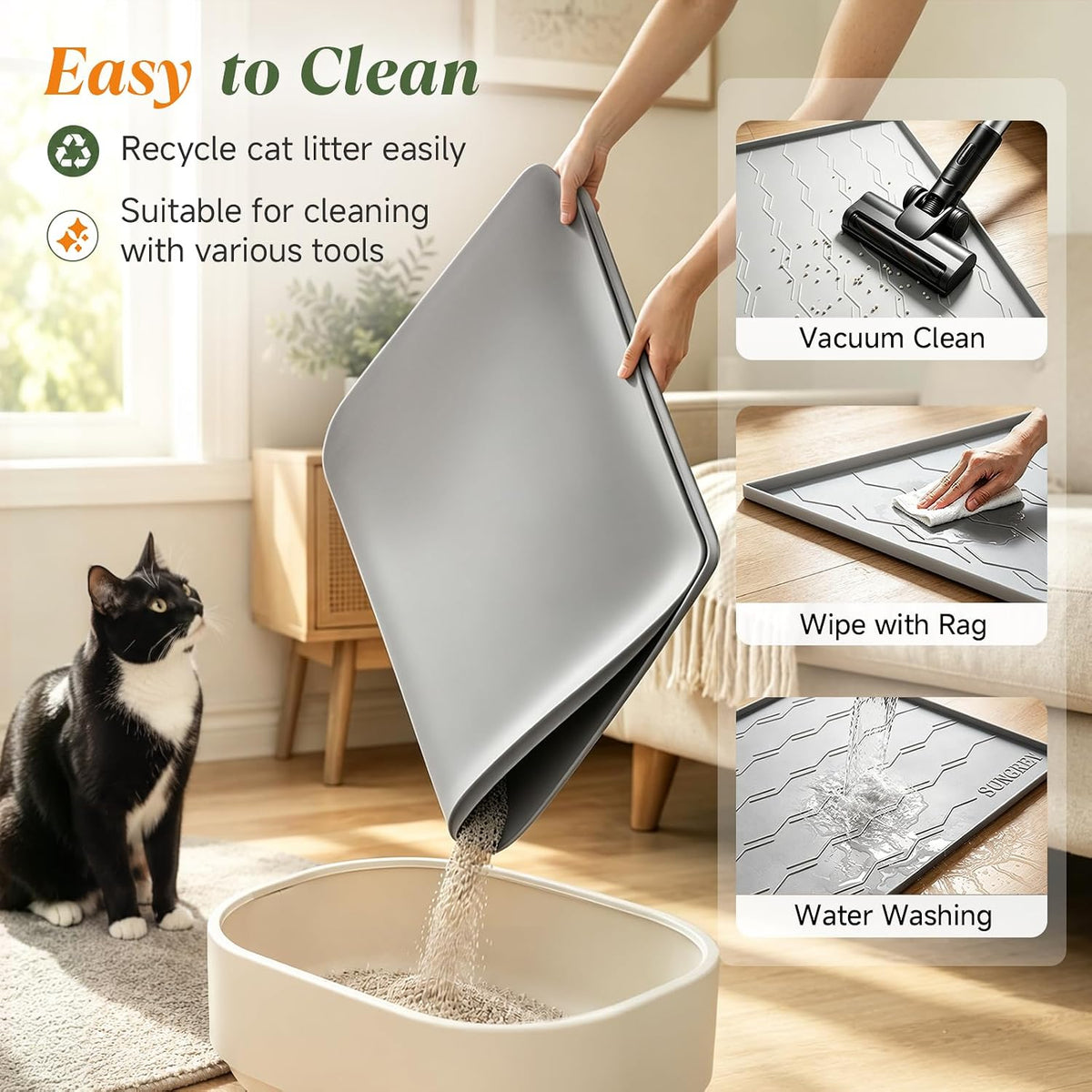Songrey Silicone Cat Litter Mat 34" x 22", Large Litter Trapping Mat, Gray | Waterproof, Urine-Proof Litter Box Mat for Floor, Soft on Kitty Paws, Easy To Clean, Cat Supplies, Pet Feeding Mat
