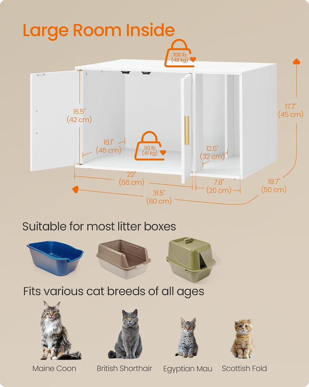 Feandrea Cat Litter Box Enclosure, Double Doors, 31.5 x 19.7 x 17.7 Inches | Modern Hidden Litter Box Furniture, Indoor Pet House, Side End Table, Cloud White, CUSTOS Collection UPCL020WB01S