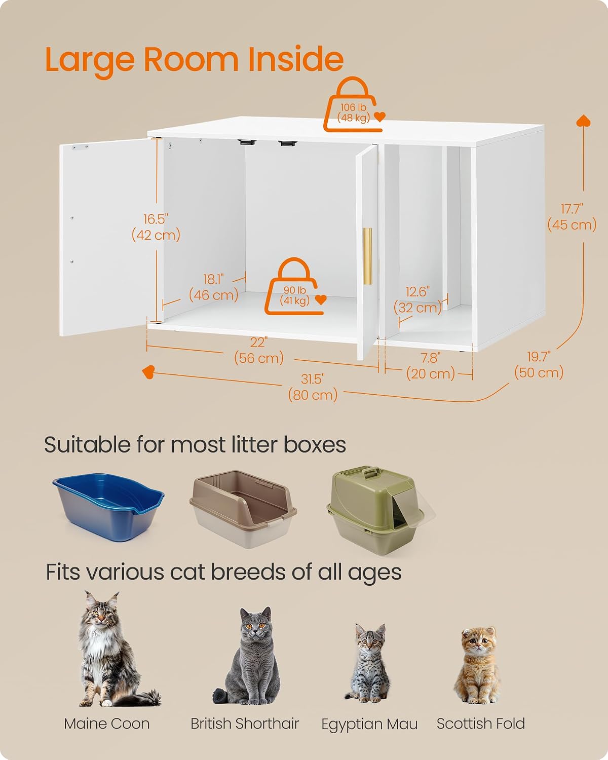 Feandrea Cat Litter Box Enclosure, Double Doors, 31.5 x 19.7 x 17.7 Inches | Modern Hidden Litter Box Furniture, Indoor Pet House, Side End Table, Cloud White, CUSTOS Collection UPCL020WB01S