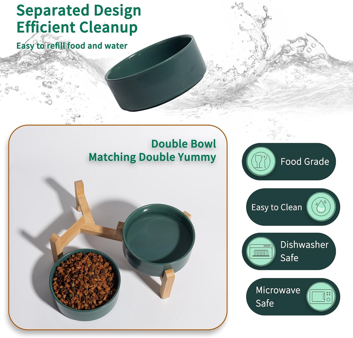 Elevated Ceramic Dog Bowl, 2 Cups Dog Food and Water Bowl Set with Stand | 5.1'' Double Dog Feeding Dishes, Non-Slip Raised Dog Feeder for Cats and Puppies, 16.23 OZ / 480 ML, White