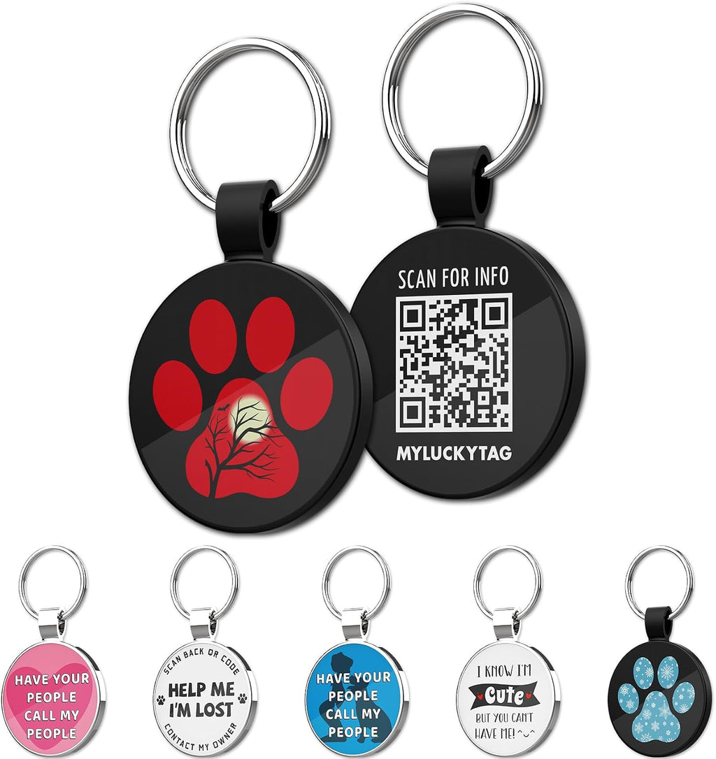 MYLUCKYTAG QR Code Pet ID Tags Dog Tags - Pet Online Profile - Scan QR Receive Instant Pet Location Alert Email, 1.2 inch, Red Paw