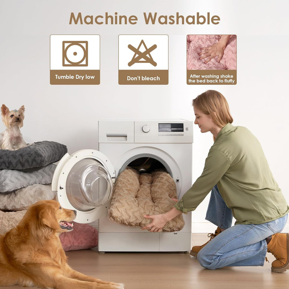 EHEYCIGA Washable Large Dog Bed for Crate, 35x23 Inch Pet Bed, Camel