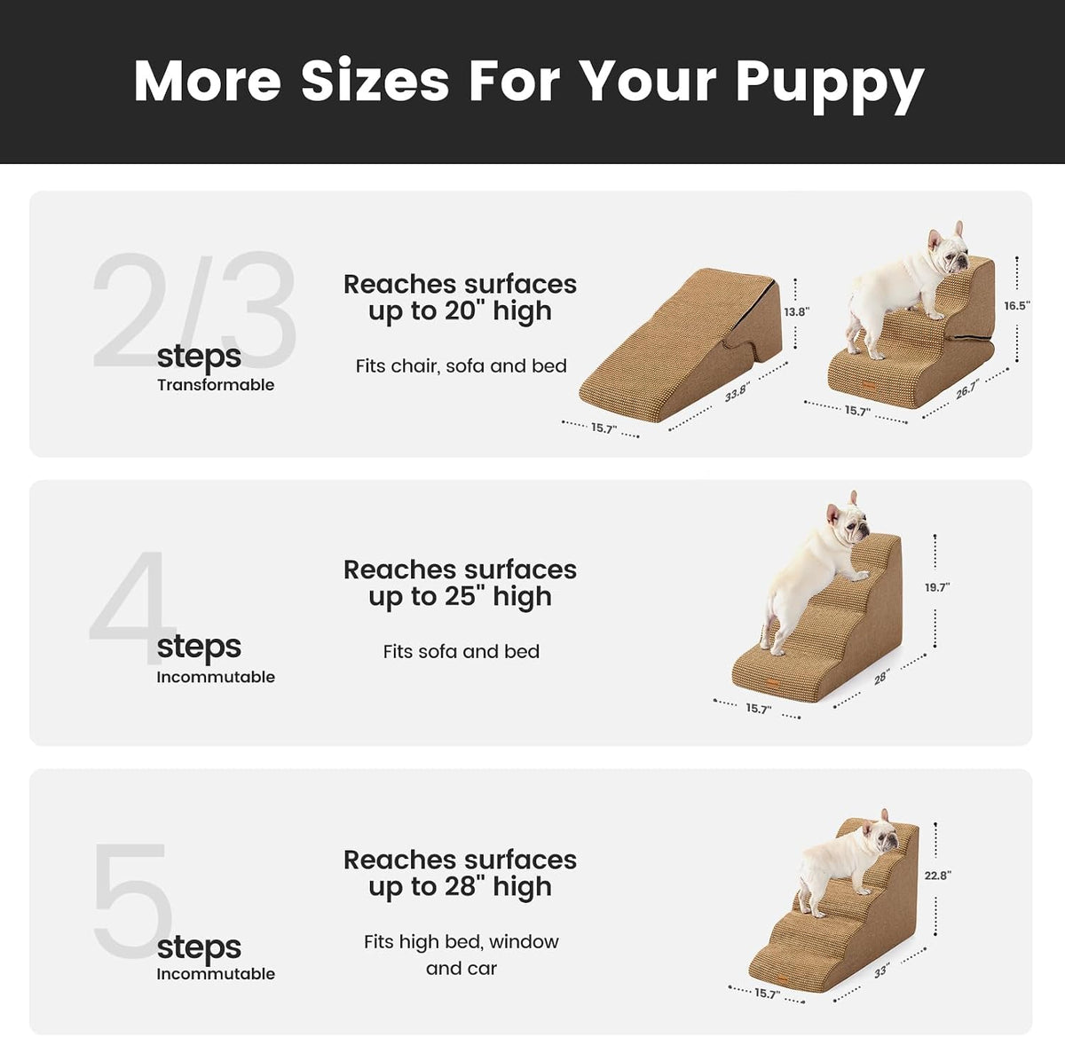 Gardner Pet Dog Stairs for Small Dogs 19.7" H, 4-Step Brown Curved Pet Stairs, Dog Steps for High Bed (18-24 in), Couch with Durable Non-Slip Waterproof Fabric Cover and CertiPUR-US Certified Foam