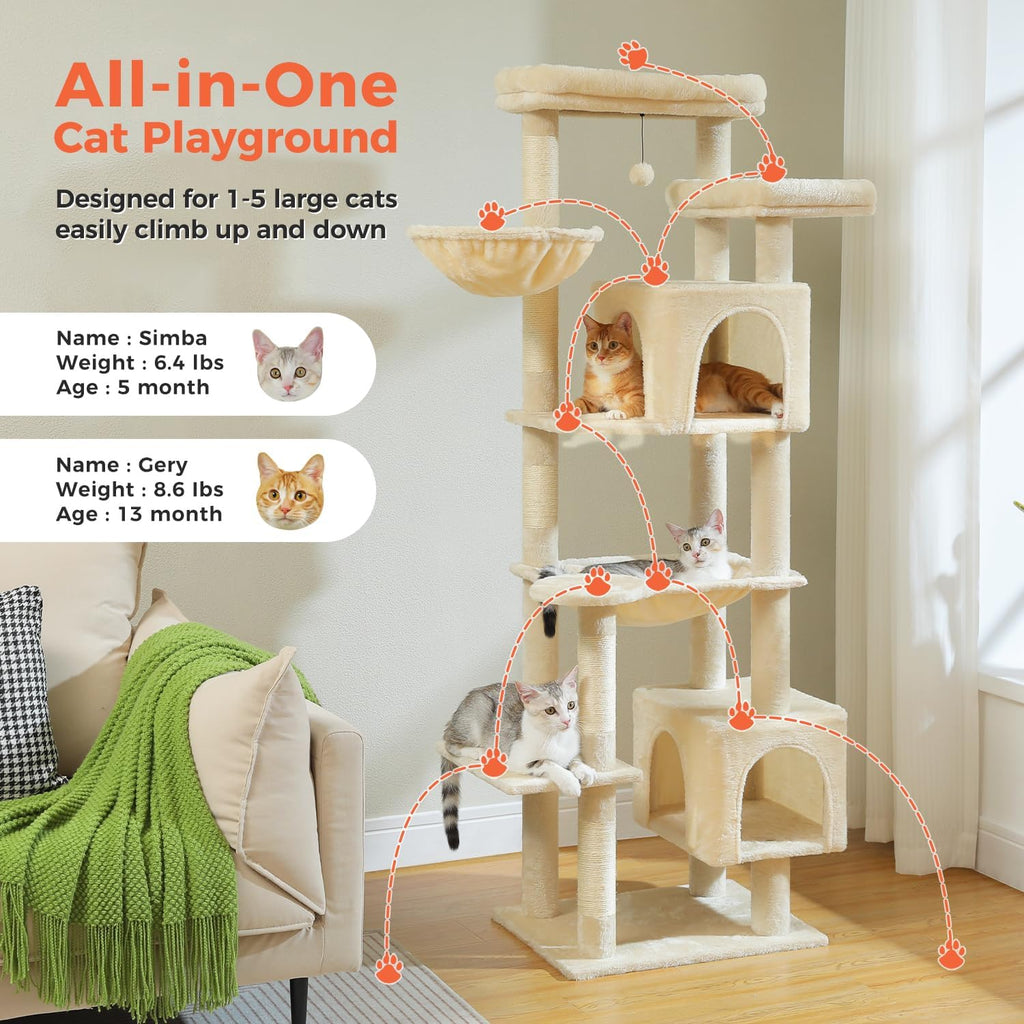 69" Tall Cat Tree for Indoor Cats Large Adult, Multi-Level Cat Tower