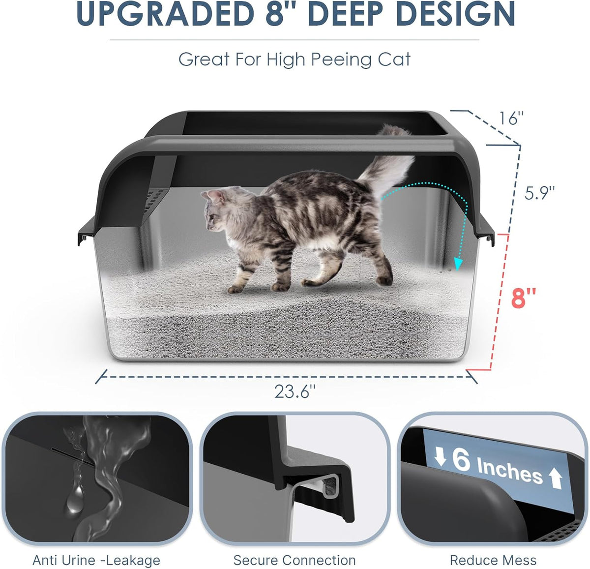 Suzzipaws XL 8" Deep Enclosed Stainless Steel Cat Litter Box for Big Cats | High-Side Anti-Leakage Stainless Steel Litter Box, Non-Sticky, Easy-Clean, Less Tracking for Multi-Cat Homes, Charcoal Gray