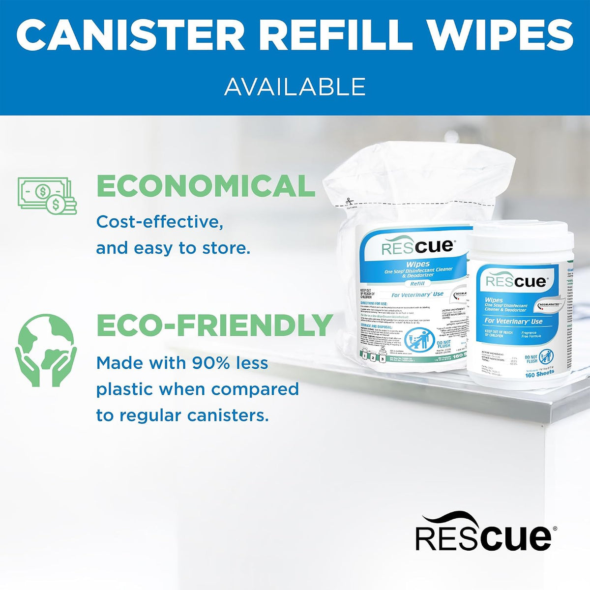REScue One-Step Disinfectant Cleaner & Deodorizer Wipes for Vet Use – Cleaner for Kennels, Litter Boxes, Vet Offices, Pet Grooming Surfaces, Pet Boarding – Wipes Canister Refill, 160 Count (6 Pack)