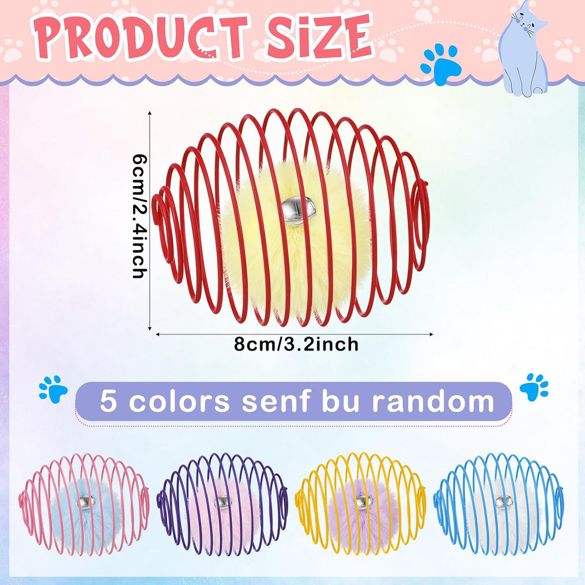 Jecery 5 Pcs Cat Toys Spring,Pom-pom with Bell,Multicolor