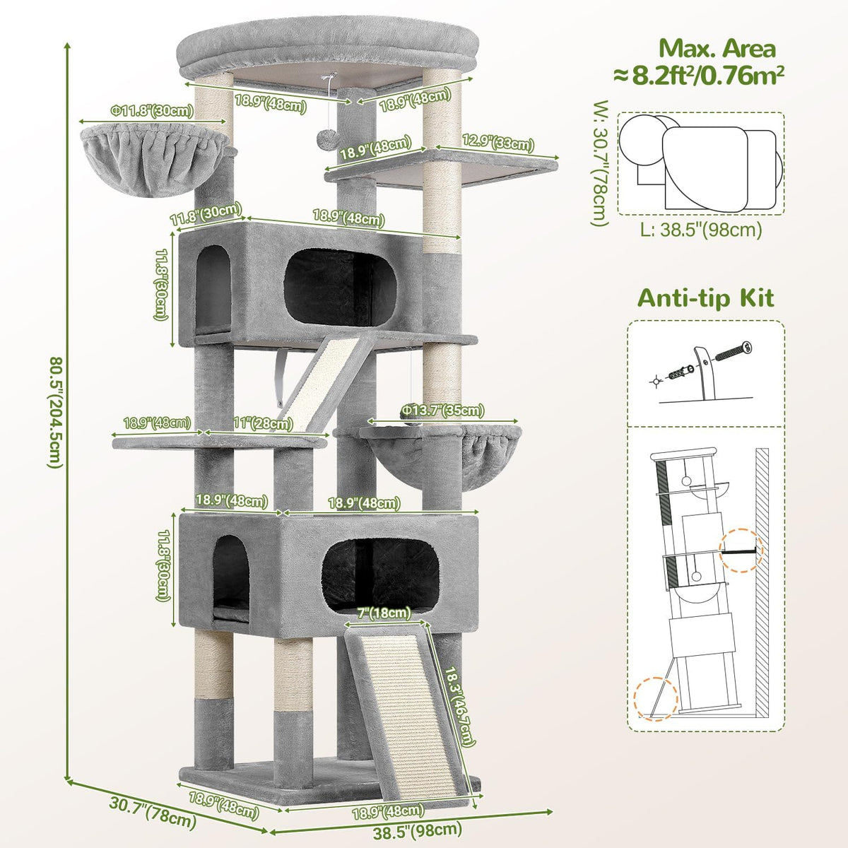 Globlazer Maine Coon Cat Tree for Indoor Large Adult Cats, S80H, Light Grey