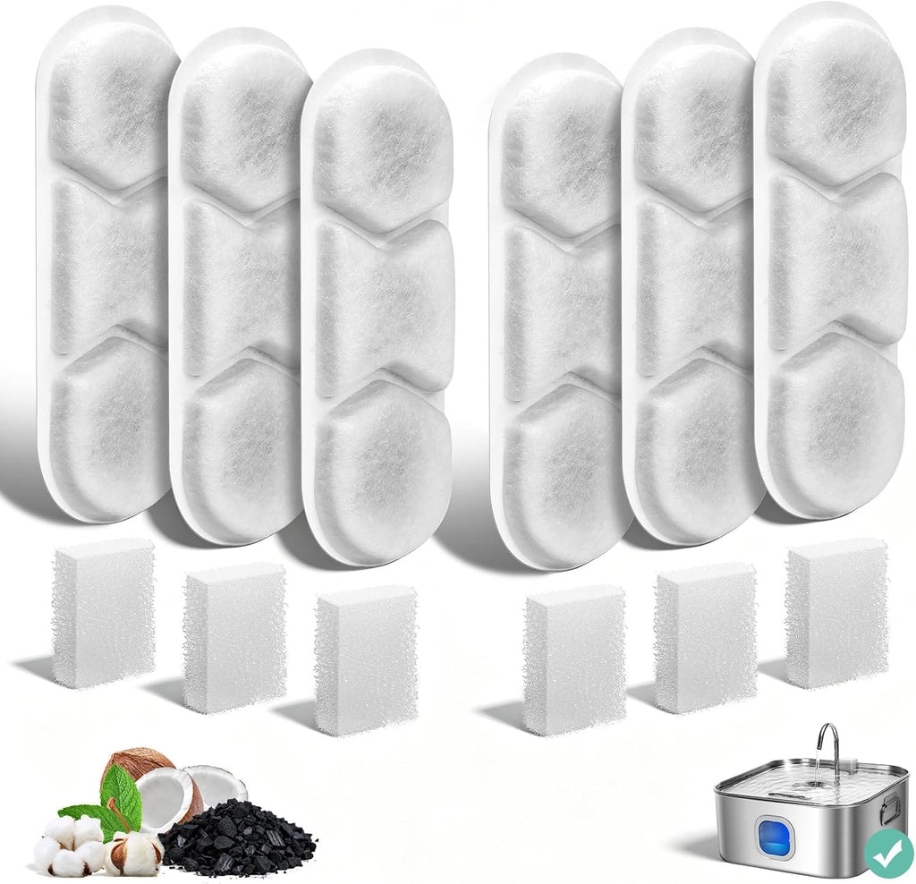 6 Pack Dog Water Fountain Replacement Filters for 410oz/3.2Gal/12L Pet Water Dispenser, BFLICROY Pet Fountain Filter, 4-Layer Filtration Cat Drinking Bowl Filters and Pump Sponges