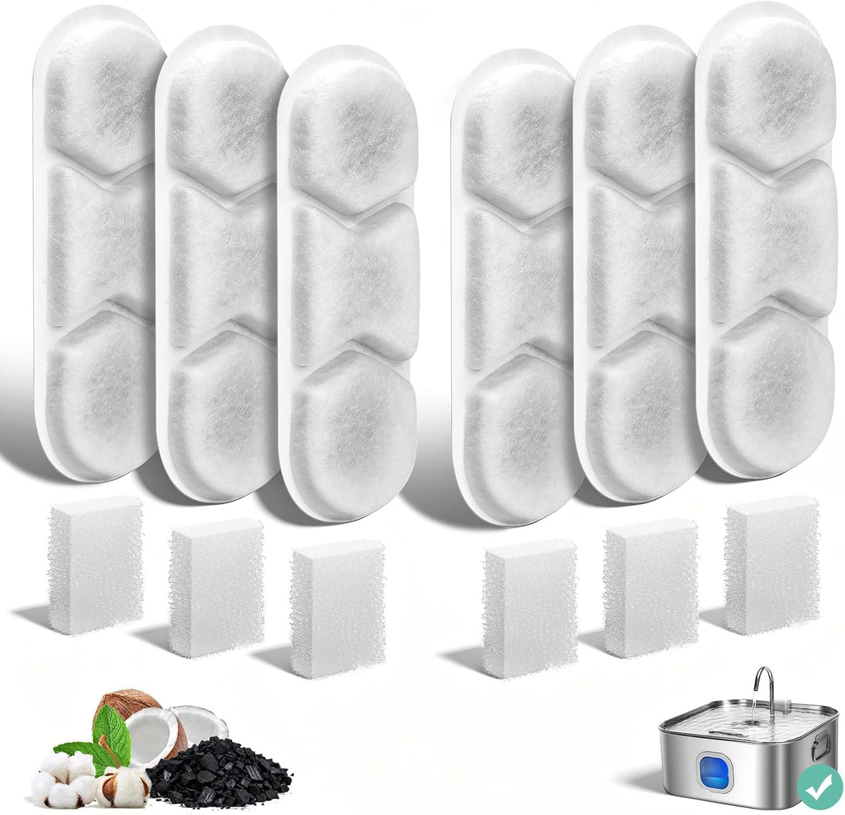 6 Pack Dog Water Fountain Replacement Filters for 410oz/3.2Gal/12L Pet Water Dispenser, BFLICROY Pet Fountain Filter, 4-Layer Filtration Cat Drinking Bowl Filters and Pump Sponges