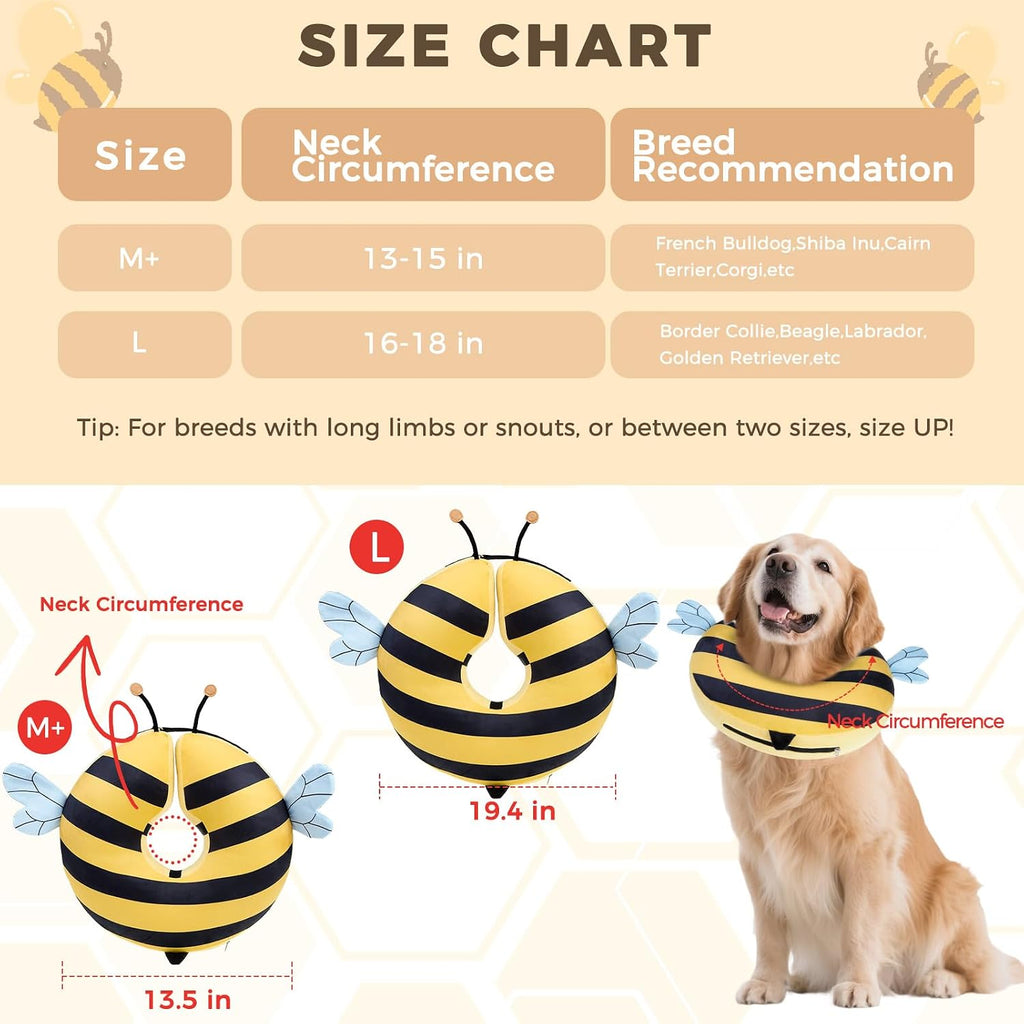 PAWCHIE Inflatable Dog Cone Collar Alternative, Soft Dog Cone for Medium to Large Dogs After Surgery, Adjustable Neck Recovery E-Collars Donut Collar with Cute Bee Shape, Yellow M