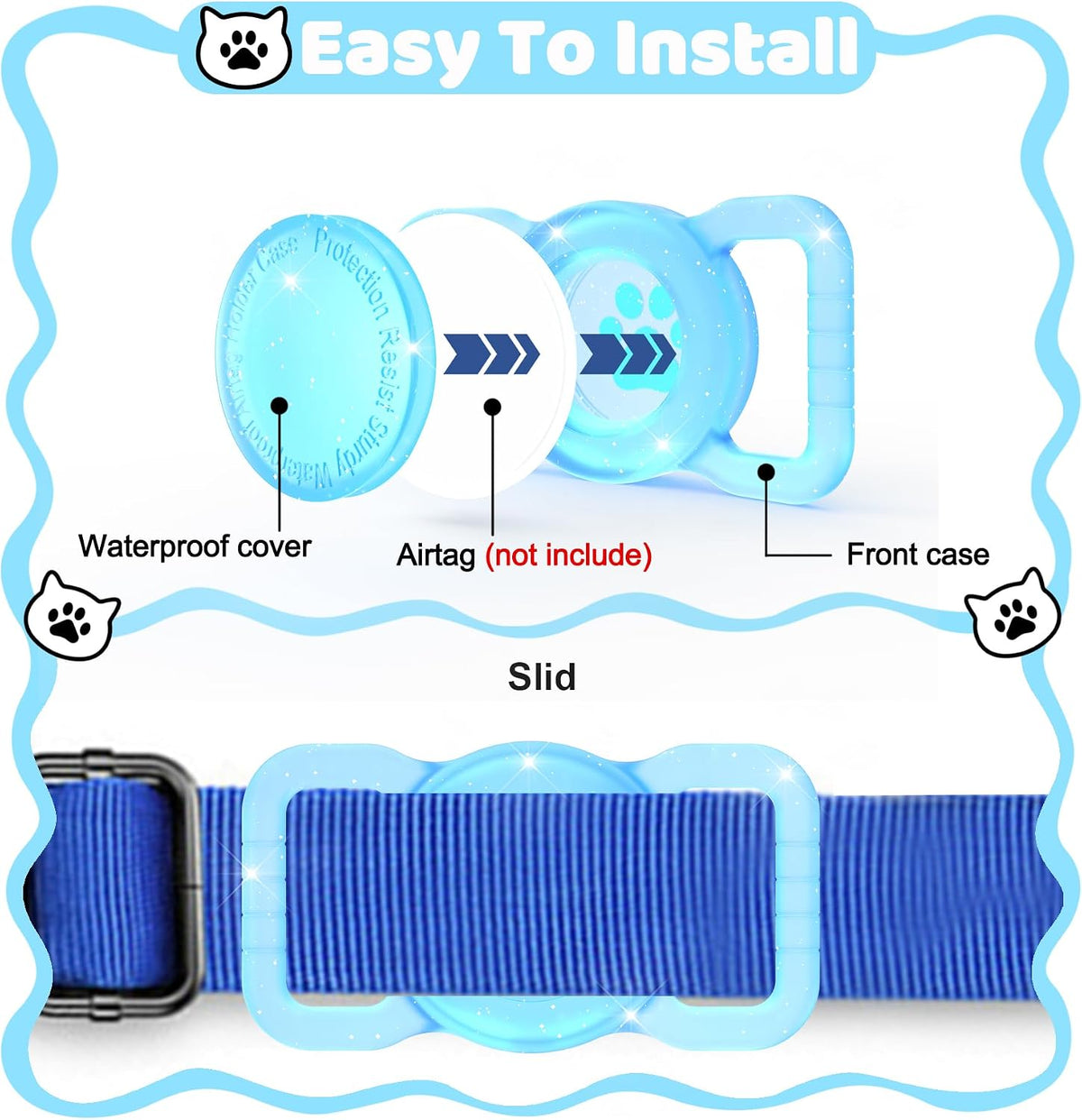 SANKALA Luminous Airtag Dog Collar Holder, Blue Glitter, 1 Pack