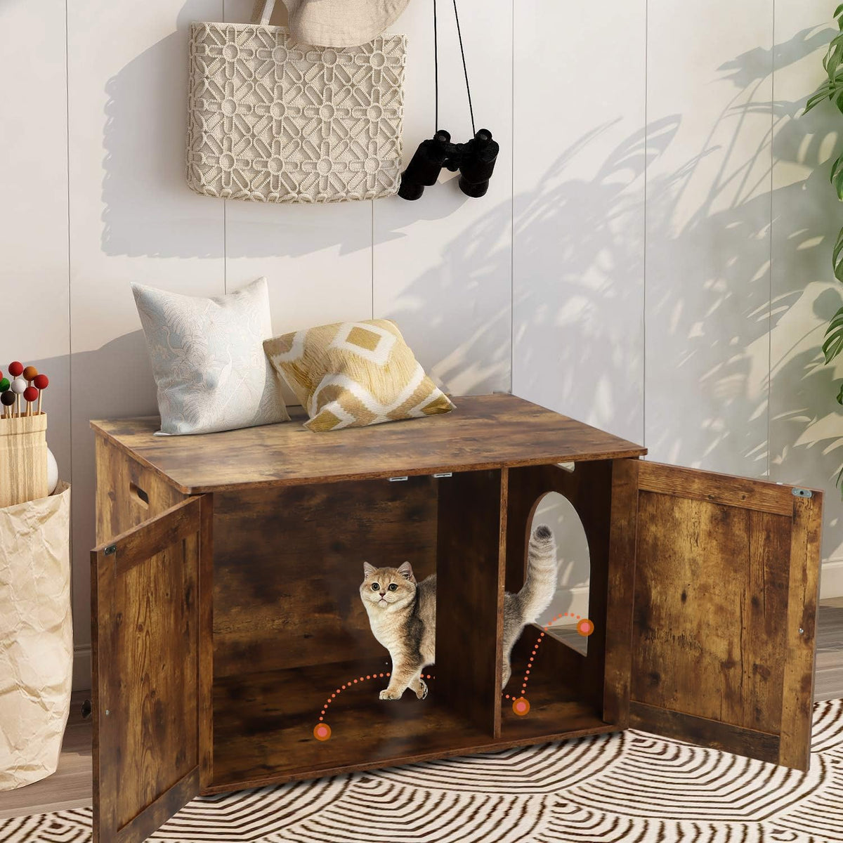 Timberer Cat Litter Box Enclosure, Hidden Litter Box Furniture with Divider | Wooden Cat Washroom Furniture, Indoor Cat House, Dog-Proof, Fits Most of Litter Box, Rustic Brown