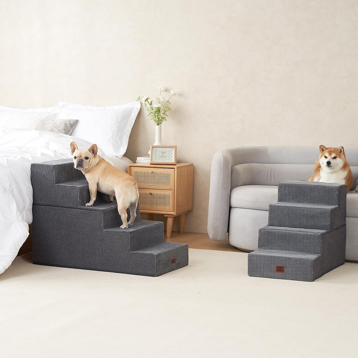 EHEYCIGA Dog Stairs for Bed 22.5" H, 5-Step Extra Wide Dog Steps, Grey