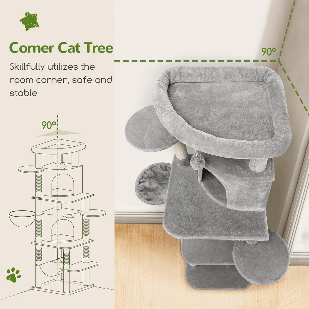 Globlazer 66in Corner Cat Tree Tower for Indoor Large Cat, C66, Light Grey