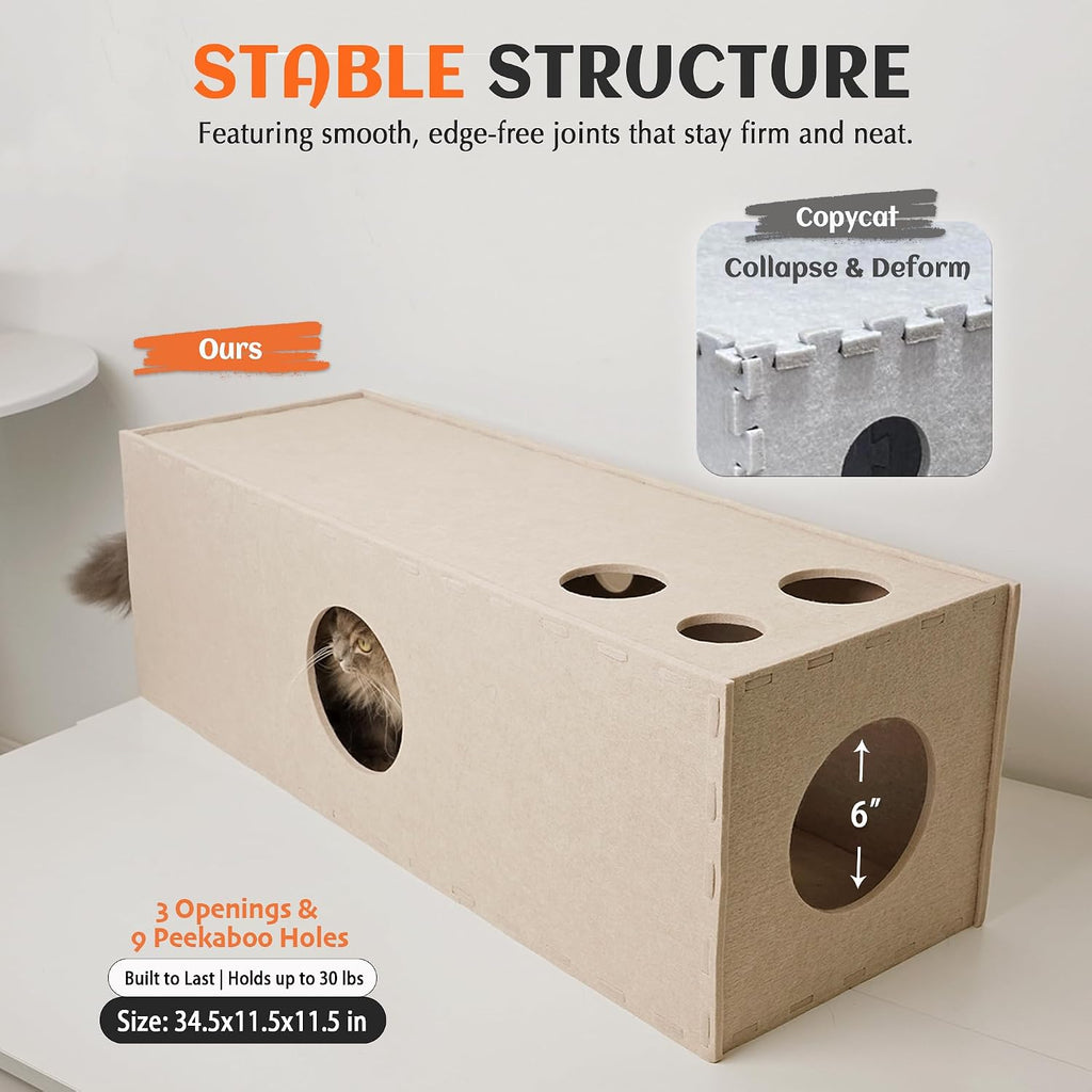 PETKARAY Cat Tunnel, Original Cat Hideaway Cave for Indoor Cats, Large Kitten Play Tubes and Tunnels, Soft Felt Cat Toy with Interactive Peek Hole, Beige Straight