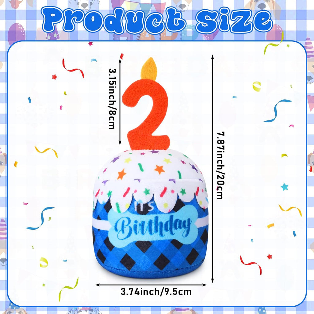 Dansydaisy Dog Birthday Cake Toy Squeaky Plush Gift,2nd,Blue Grid | Interactive Squeaky Gift for Dogs, Dog Birthday Decor , Soft Chew for Small Medium Large Pets, Cake Design with Candle