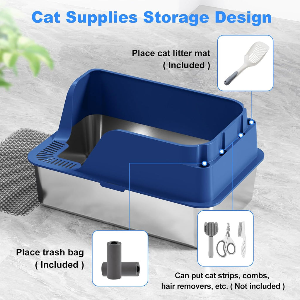 Non-Stick Stainless Steel Litter Box, XL Side Open Splash-Proof (Blue)